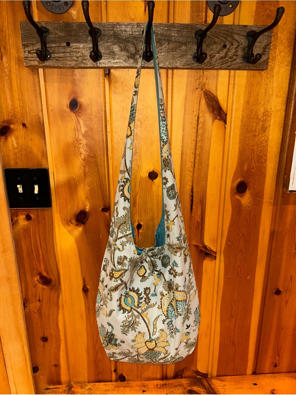 Boho Floral Sling Hobo Bag Cream Teal Mustard Cotton Crossbody Shoulder Bag Tote